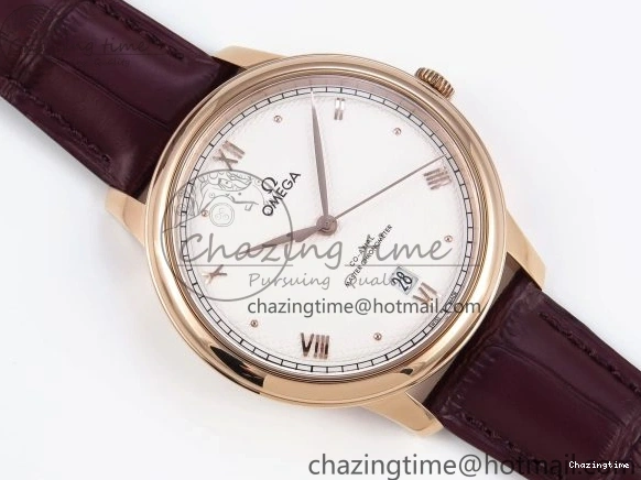 0219 Modern De Ville Date RG MKF 1:1 Best Edition White Textured Dial Roman Marker on Brown Leather Strap A 7752